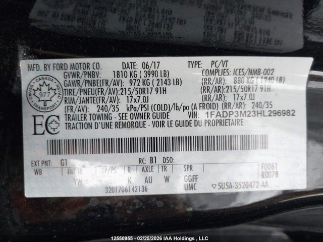 12550955 :رقم المزاد ، 1FADP3M23HL296982 vin ، 2017 Ford Focus Sel مزاد بيع