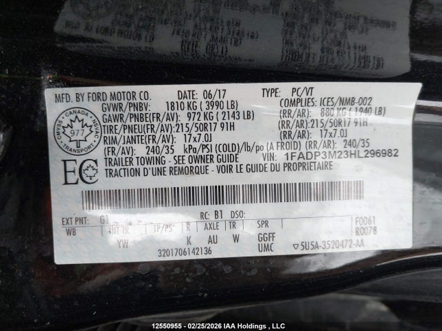 12550955 :رقم المزاد ، 1FADP3M23HL296982 vin ، 2017 Ford Focus Sel مزاد بيع
