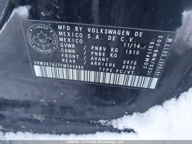 Продажа на аукционе авто 2015 Volkswagen Jetta 2.0l Trendline/2.0l Trendline+, vin: 3VW2K7AJ7FM264886, номер лота: 12495129