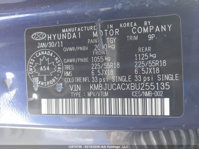 12570709 :رقم المزاد ، KM8JUCACXBU255135 vin ، 2011 Hyundai Tucson Gls/limited مزاد بيع