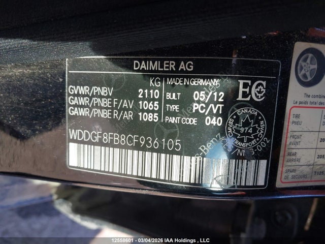 Aukcja sprzedaży 2012 Mercedes-benz C 250 4matic, vin: WDDGF8FB8CF936105, numer aukcji: 12558601