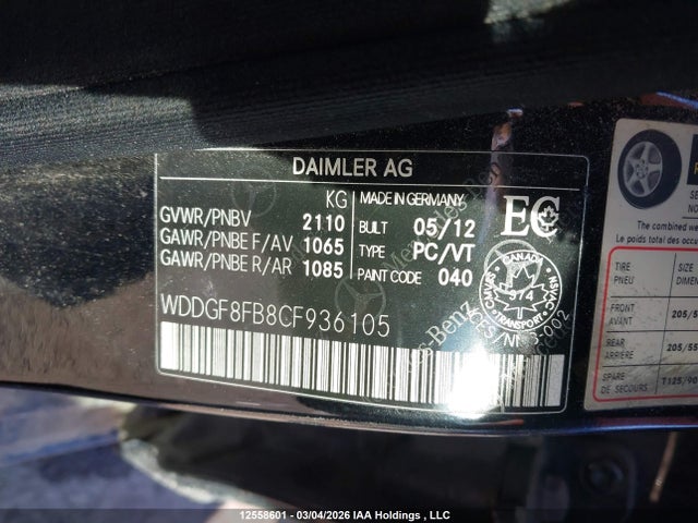 Aukcja sprzedaży 2012 Mercedes-benz C 250 4matic, vin: WDDGF8FB8CF936105, numer aukcji: 12558601