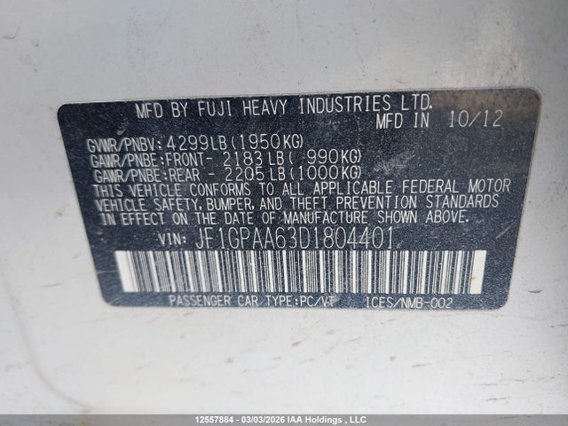 2013 Subaru Impreza 2.0i მანქანა იყიდება აუქციონზე, vin: JF1GPAA63D1804401, აუქციონის ნომერი: 12557884