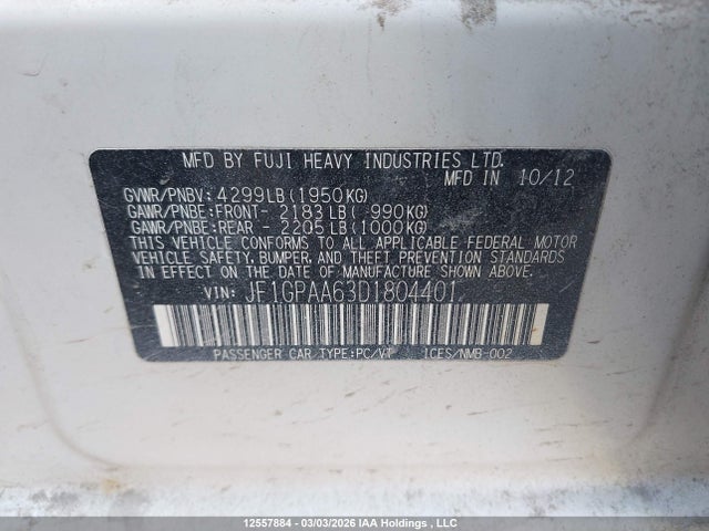 2013 Subaru Impreza 2.0i მანქანა იყიდება აუქციონზე, vin: JF1GPAA63D1804401, აუქციონის ნომერი: 12557884