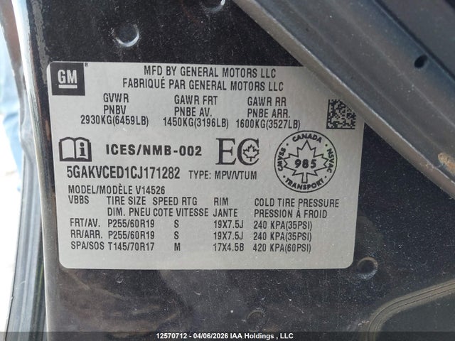 12570712 :رقم المزاد ، 5GAKVCED1CJ171282 vin ، 2012 Buick Enclave Cxl مزاد بيع