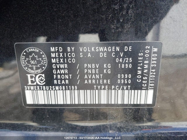 Продажа на аукционе авто 2025 Volkswagen Jetta Se, vin: 3VWEX7BU2SM081199, номер лота: 12570713