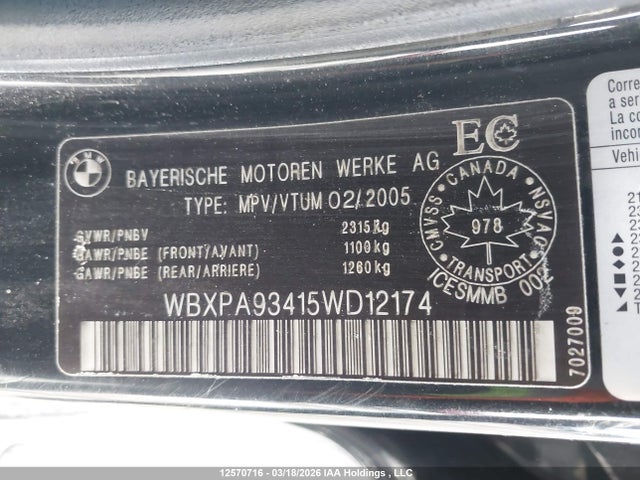 Aukcja sprzedaży 2005 Bmw X3 3.0i, vin: WBXPA93415WD12174, numer aukcji: 12570716