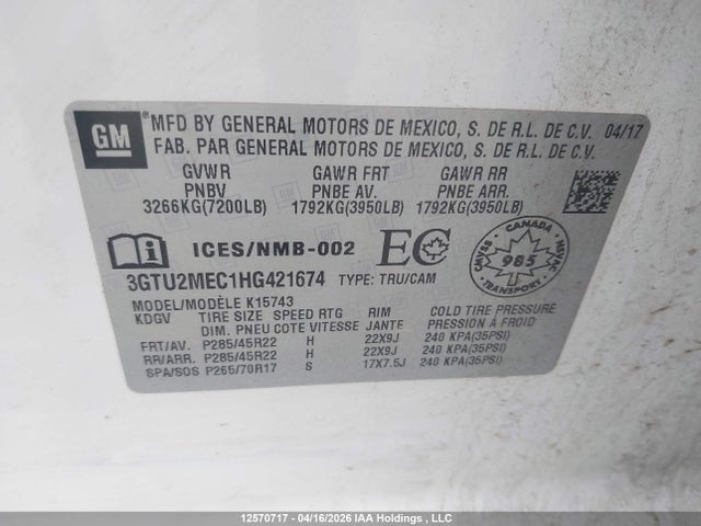3GTU2MEC1HG421674 GMC Sierra 1500 Sle