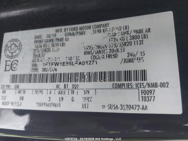 Aukcja sprzedaży 2020 Ford F-150 Lariat, vin: 1FTFW1E56LFA01271, numer aukcji: 12570724