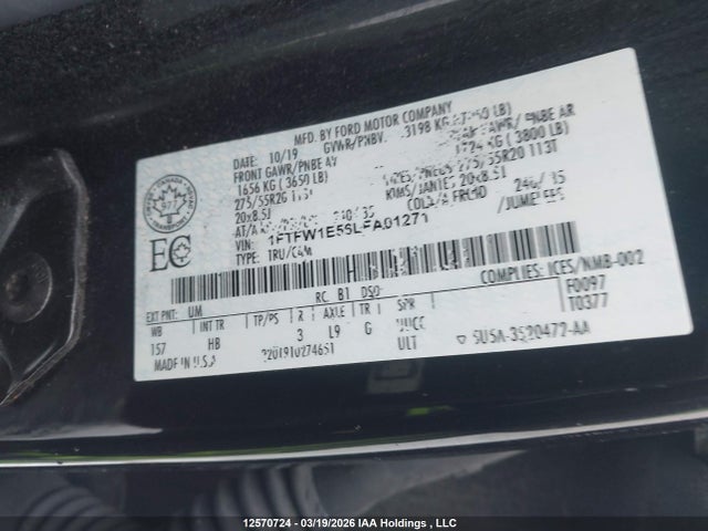 Aukcja sprzedaży 2020 Ford F-150 Lariat, vin: 1FTFW1E56LFA01271, numer aukcji: 12570724