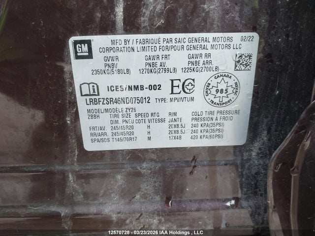 Aukcja sprzedaży 2022 Buick Envision, vin: LRBFZSR46ND075012, numer aukcji: 12570728