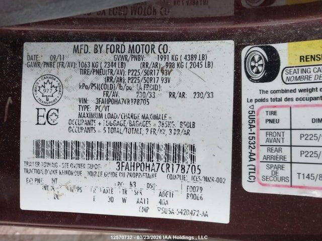 Продажа на аукционе авто 2012 Ford Fusion Se, vin: 3FAHP0HA7CR178705, номер лота: 12570732