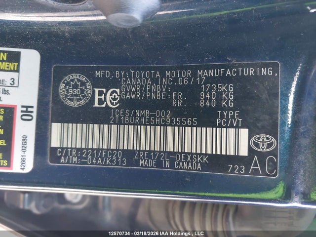 12570734 :رقم المزاد ، 2T1BURHE5HC935565 vin ، 2017 Toyota Corolla Se مزاد بيع