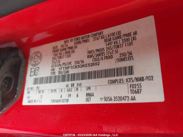 Продажа на аукционе авто 2016 Ford F-150 Xl, vin: 1FTMF1C83GKE52692, номер лота: 12570736