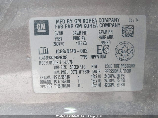 Auction sale of the 2014 Buick Encore, vin: KL4CJESB9EB698488, lot number: 12570742