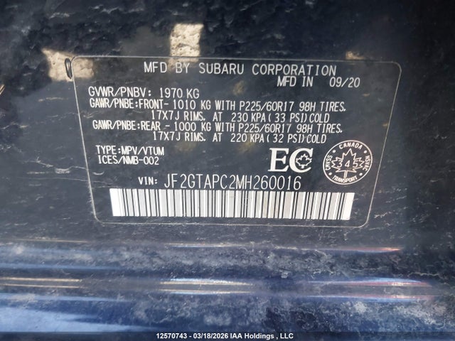 Продажа на аукционе авто 2021 Subaru Crosstrek Touring, vin: JF2GTAPC2MH260016, номер лота: 12570743