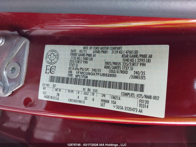 12570745 :رقم المزاد ، 1FMCU9GX7FUB52850 vin ، 2015 Ford Escape Se مزاد بيع
