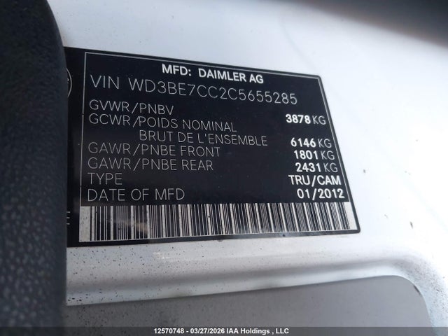 Продажа на аукционе авто 2012 Mercedes-benz Sprinter 2500 Standard Roof, vin: WD3BE7CC2C5655285, номер лота: 12570748