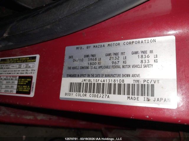 Aukcja sprzedaży 2010 Mazda Mazda3, vin: JM1BL1SF4A1318108, numer aukcji: 12570751
