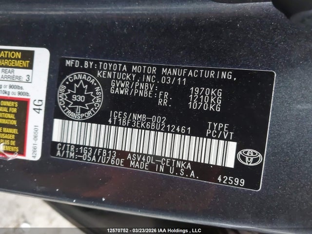12570752 :رقم المزاد ، 4T1BF3EK6BU212461 vin ، 2011 Toyota Camry Le مزاد بيع
