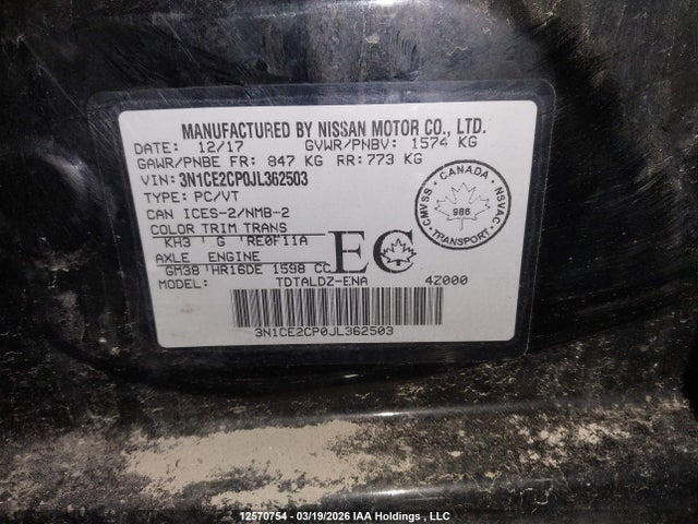 2018 Nissan Versa მანქანა იყიდება აუქციონზე, vin: 3N1CE2CP0JL362503, აუქციონის ნომერი: 12570754