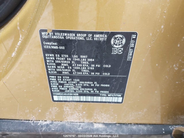 12570757 :رقم المزاد ، 1V2NR2CA5JC501928 vin ، 2018 Volkswagen Atlas Sel Premium مزاد بيع