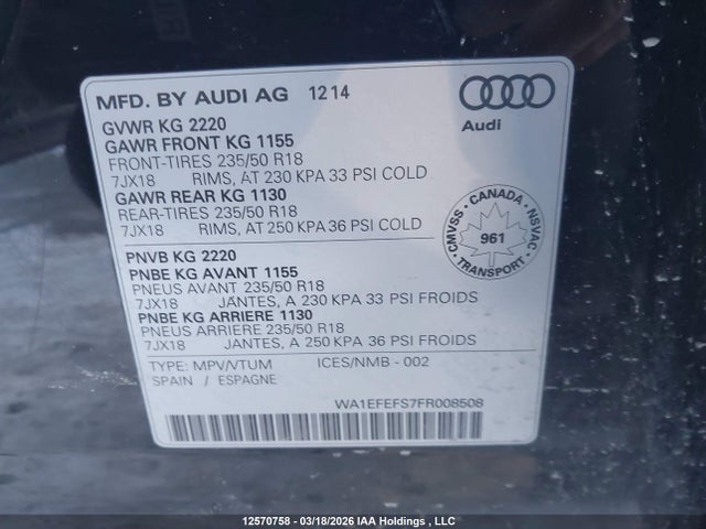 2015 Audi Q3 მანქანა იყიდება აუქციონზე, vin: WA1EFEFS7FR008508, აუქციონის ნომერი: 12570758