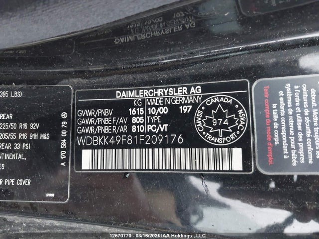 12570770 :رقم المزاد ، WDBKK49F81F209176 vin ، 2001 Mercedes-benz Slk 230 Kompressor مزاد بيع