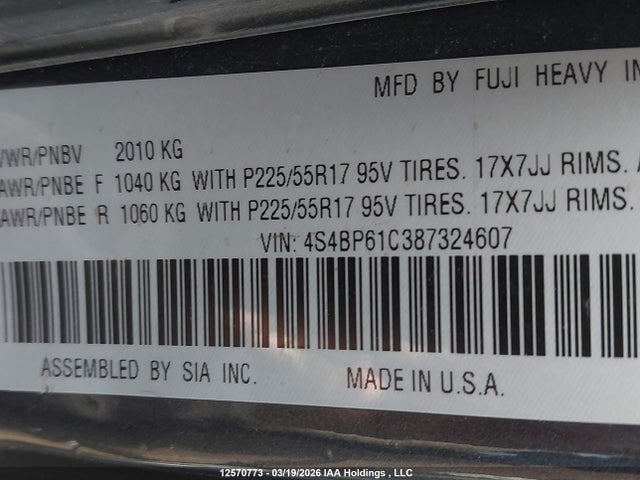 Продажа на аукционе авто 2008 Subaru Outback 2.5i, vin: 4S4BP61C387324607, номер лота: 12570773