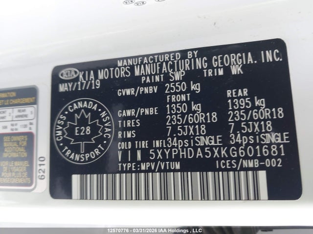 5XYPHDA5XKG601681 KIA Sorento 3.3l Ex/3.3l Ex+
