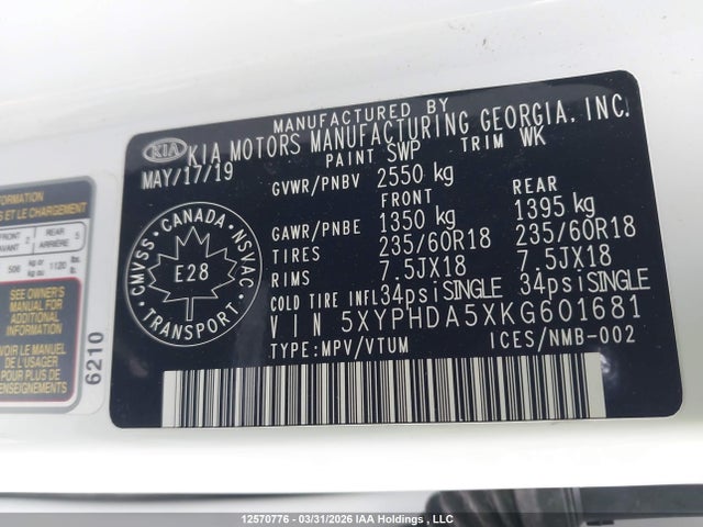 5XYPHDA5XKG601681 KIA Sorento 3.3l Ex/3.3l Ex+
