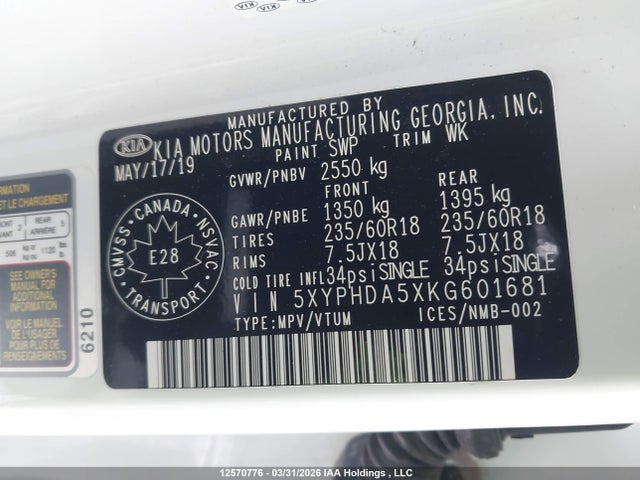 5XYPHDA5XKG601681 KIA Sorento 3.3l Ex/3.3l Ex+