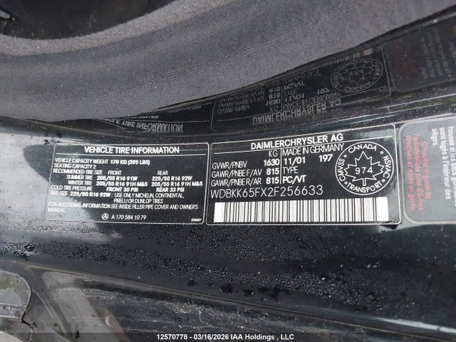 12570778 :رقم المزاد ، WDBKK65FX2F256633 vin ، 2002 Mercedes-benz Slk 320 320 مزاد بيع
