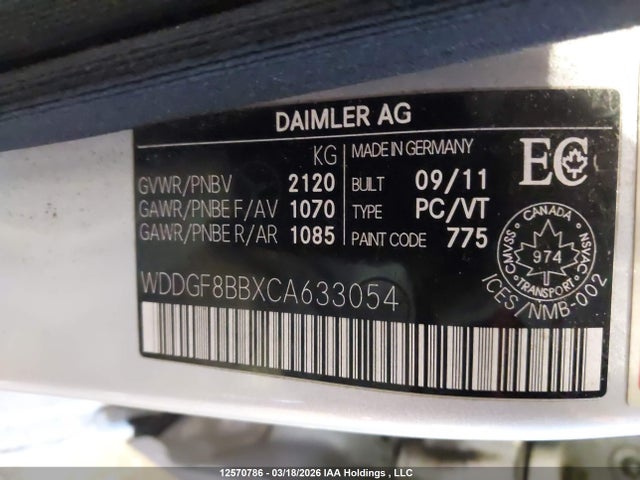 12570786 :رقم المزاد ، WDDGF8BBXCA633054 vin ، 2012 Mercedes-benz C 300 4matic مزاد بيع