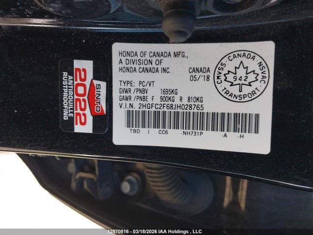 12570816 :رقم المزاد ، 2HGFC2F68JH028765 vin ، 2018 Honda Civic Se مزاد بيع