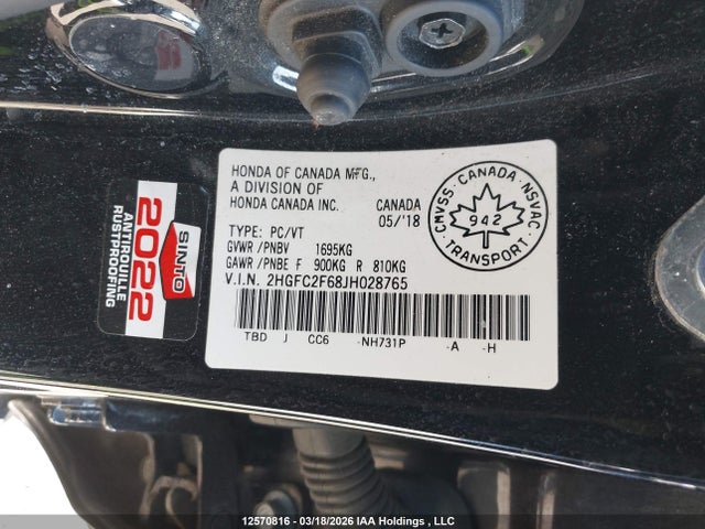12570816 :رقم المزاد ، 2HGFC2F68JH028765 vin ، 2018 Honda Civic Se مزاد بيع
