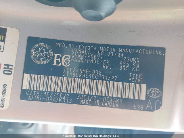 2014 Toyota Corolla S მანქანა იყიდება აუქციონზე, vin: 2T1BURHE1EC131727, აუქციონის ნომერი: 12570820
