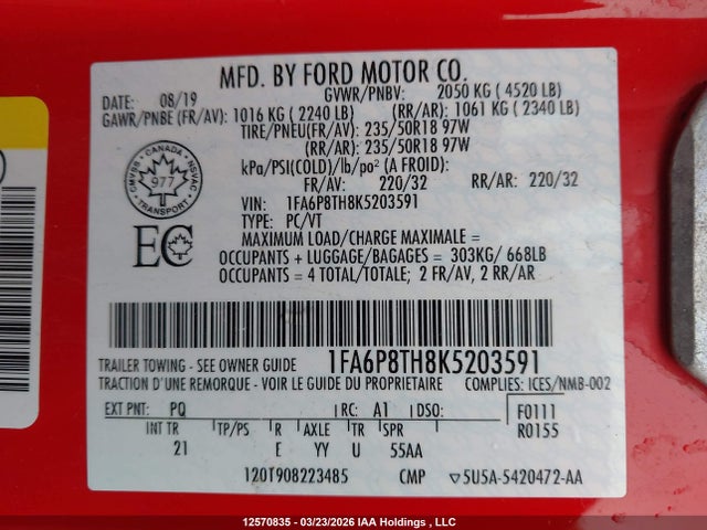 1FA6P8TH8K5203591 Ford Mustang Ecoboost