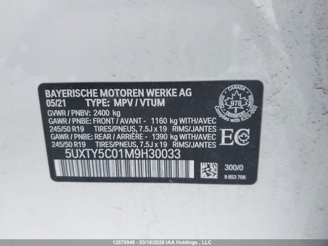 12570846 :رقم المزاد ، 5UXTY5C01M9H30033 vin ، 2021 Bmw X3 3.0i مزاد بيع