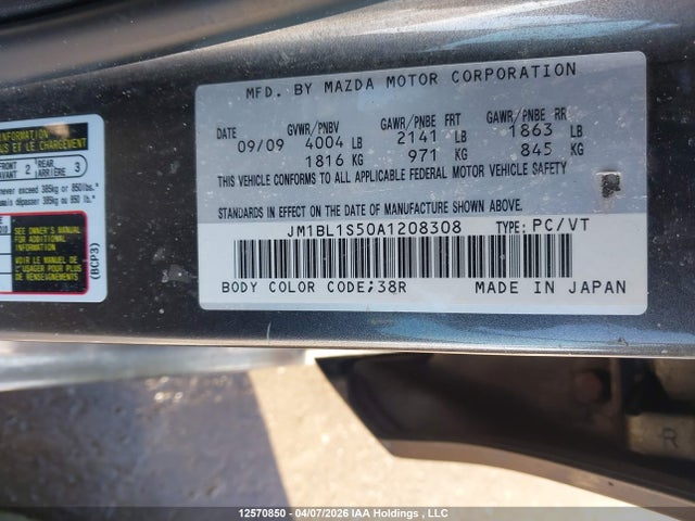 12570850 :رقم المزاد ، JM1BL1S50A1208308 vin ، 2010 Mazda Mazda3 Gt مزاد بيع