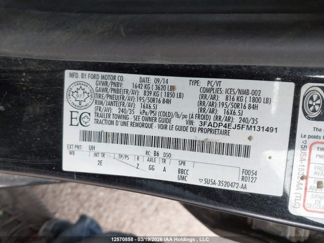 12570858 :رقم المزاد ، 3FADP4EJ5FM131491 vin ، 2015 Ford Fiesta Se مزاد بيع