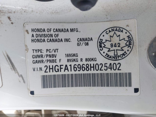 Продаж на аукціоні авто 2008 Honda Civic Exl, vin: 2HGFA16968H025402, номер лоту: 12570859