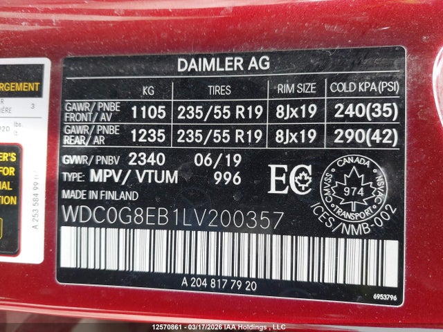 12570861 :رقم المزاد ، WDC0G8EB1LV200357 vin ، 2020 Mercedes-benz Glc 300 4matic مزاد بيع