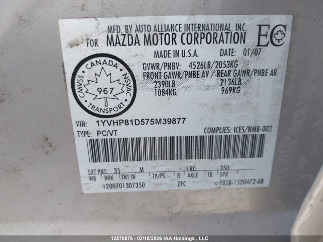 Aukcja sprzedaży 2007 Mazda 6 S, vin: 1YVHP81D575M39877, numer aukcji: 12570876