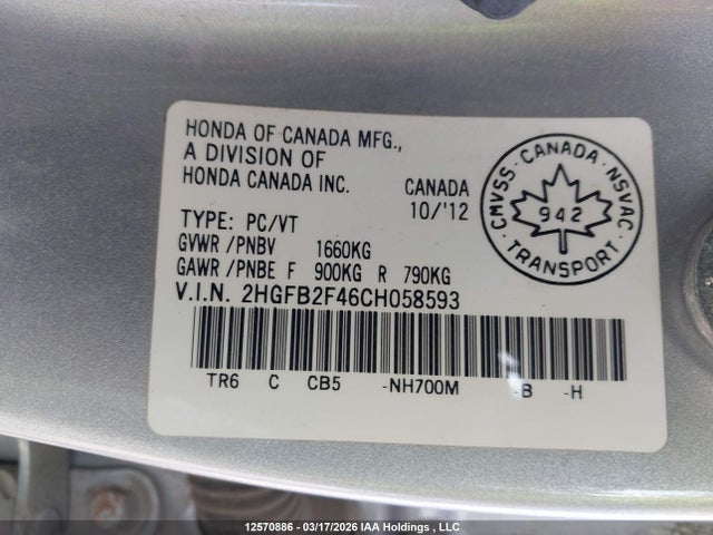 Продаж на аукціоні авто 2012 Honda Civic Lx, vin: 2HGFB2F46CH058593, номер лоту: 12570886