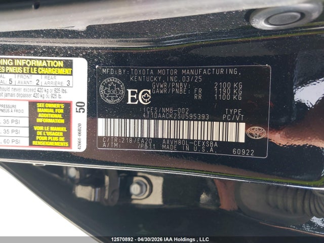 2025 Toyota Camry Xse/xle/le/se მანქანა იყიდება აუქციონზე, vin: 4T1DAACK2SU595393, აუქციონის ნომერი: 12570892