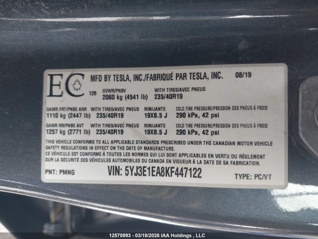12570893 :رقم المزاد ، 5YJ3E1EA8KF447122 vin ، 2019 Tesla Model 3 مزاد بيع