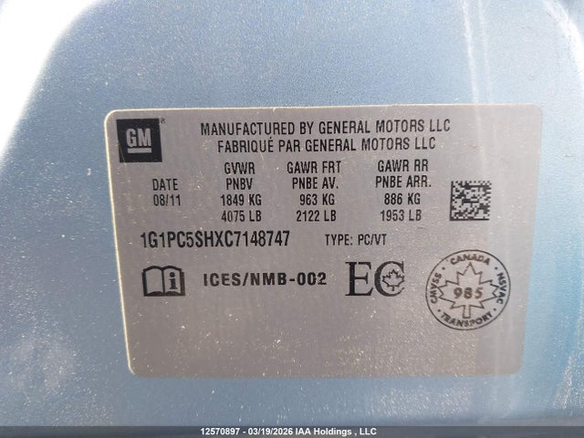 Aukcja sprzedaży 2012 Chevrolet Cruze Ls, vin: 1G1PC5SHXC7148747, numer aukcji: 12570897