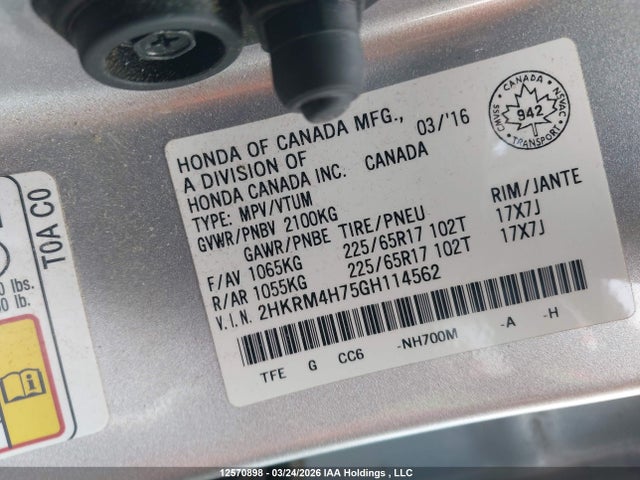 12570898 :رقم المزاد ، 2HKRM4H75GH114562 vin ، 2016 Honda Cr-v Ex-l مزاد بيع