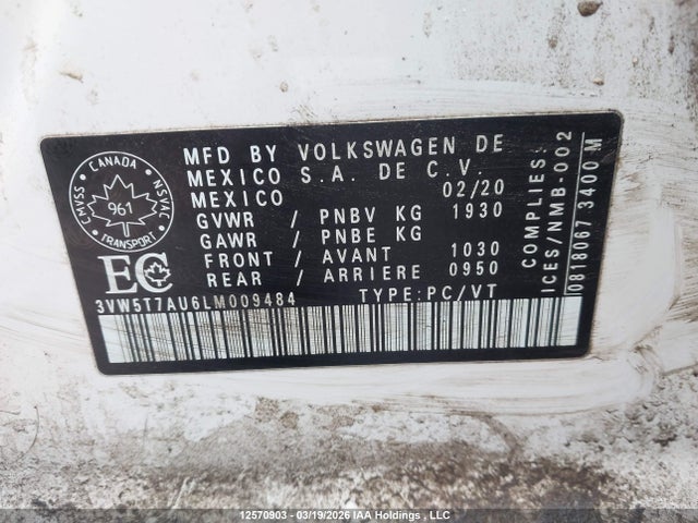 12570903 :رقم المزاد ، 3VW5T7AU6LM009484 vin ، 2020 Volkswagen Gti S/se/autobahn مزاد بيع